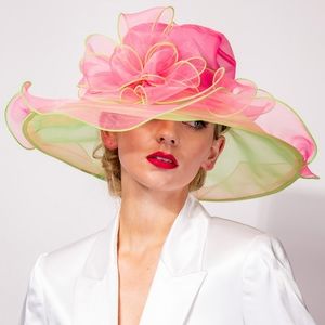 Pink Green Ombre Bow Organza Layer Dressy Kentucky Derby Flower Church Hat Women